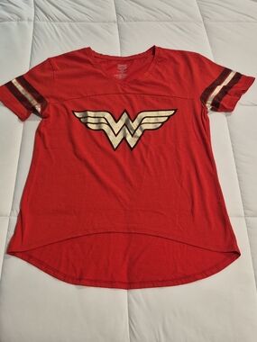 Wonder Woman Metallic Logo Red V-Neck Tee - Women's Short Sleeve Top